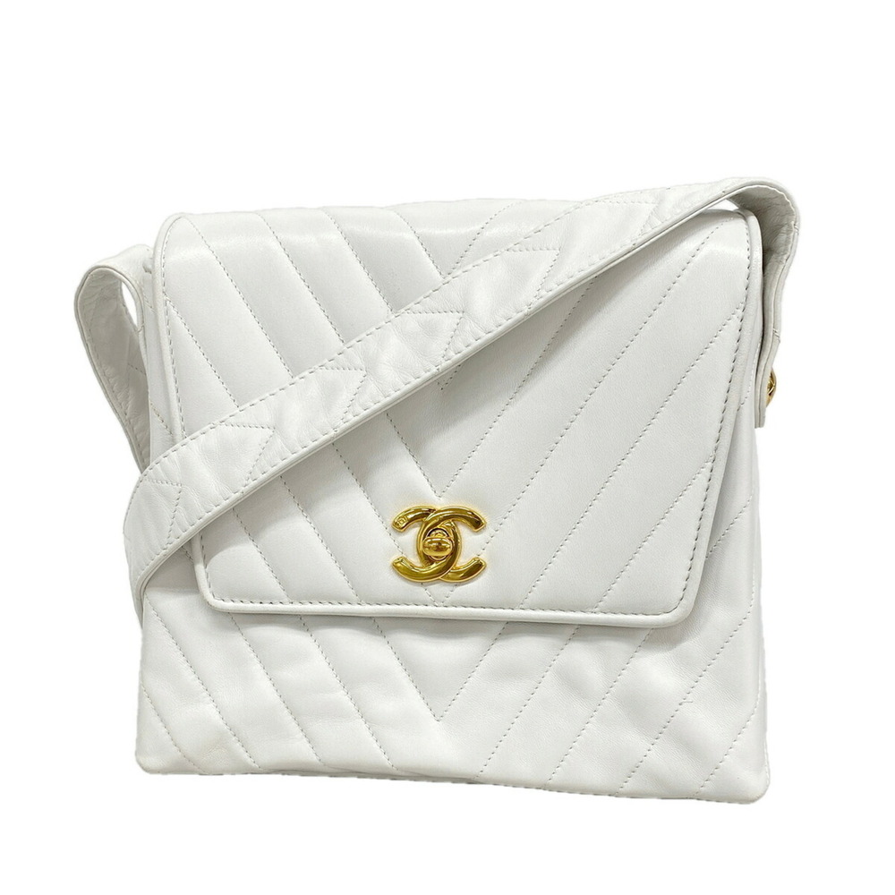 Chanel Shoulder Bag, V-Stitch, Lambskin, White, Women's